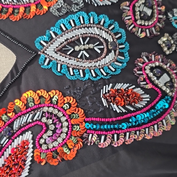 Boho Embellished Sheer Black Tunic Top – Vibrant Embroidery & Rhinestone Detail - Picture 4 of 8